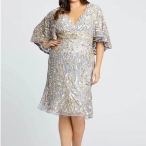 MAC DUGGAL 5191 CAPE SLEEVE GOLD SILVER MIDI DRESS sz 12
